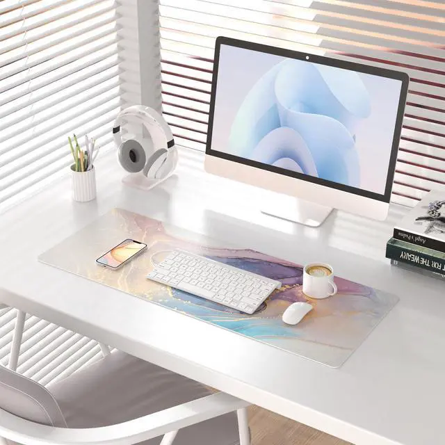 Alt view image 2 of 7 - Waterproof Blue Purple Marble Desk Pad, 31.5" x 11.8" | PU Leather Desk Mat Large Keyboard and Gaming Mouse Pads for Office, Non-Slip Writing Pad Desk Accessories for Women Men