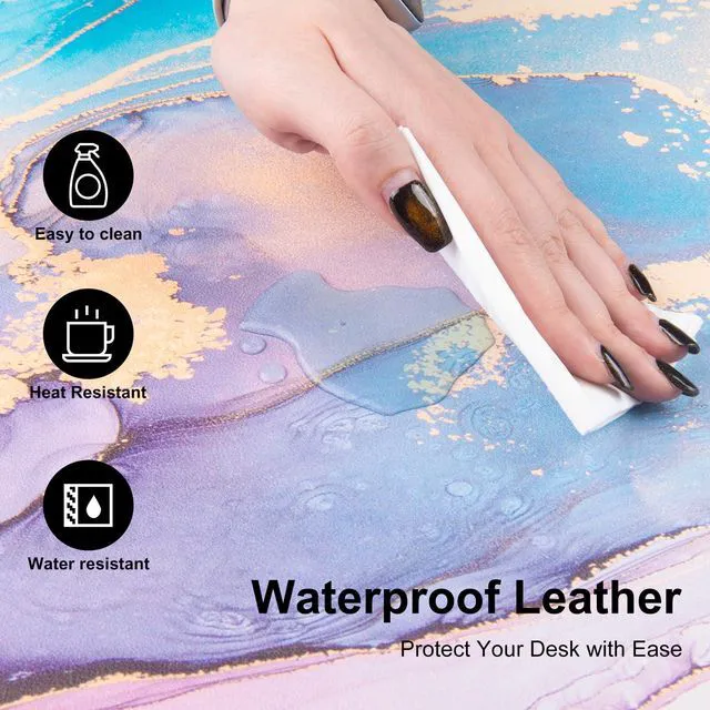 Alt view image 5 of 7 - Waterproof Blue Purple Marble Desk Pad, 31.5" x 11.8" | PU Leather Desk Mat Large Keyboard and Gaming Mouse Pads for Office, Non-Slip Writing Pad Desk Accessories for Women Men