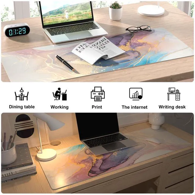 Alt view image 7 of 7 - Waterproof Blue Purple Marble Desk Pad, 31.5" x 11.8" | PU Leather Desk Mat Large Keyboard and Gaming Mouse Pads for Office, Non-Slip Writing Pad Desk Accessories for Women Men