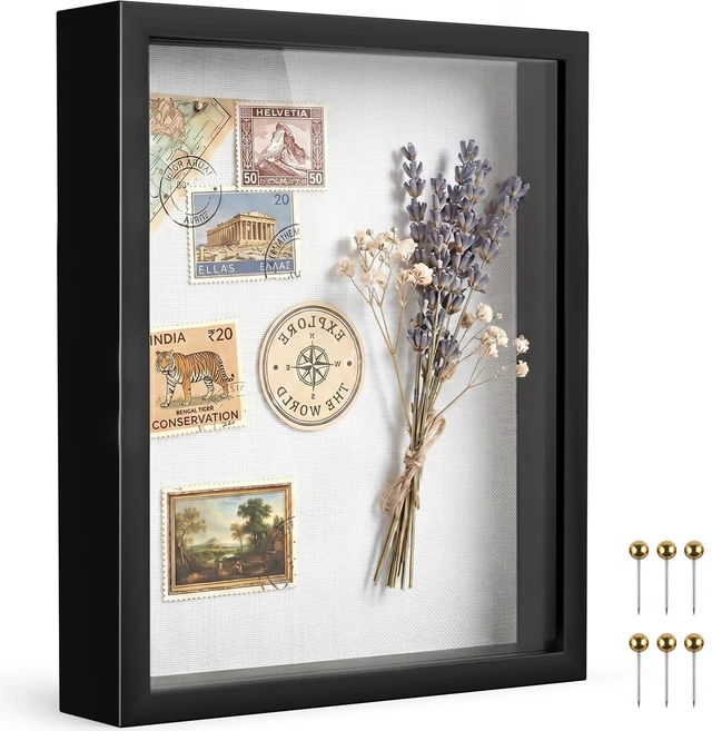 Main image of Black 8×10 Shadow Box Display Frame, Premium Linen Backboard and Included Pushpins, Plexiglass Memory Box