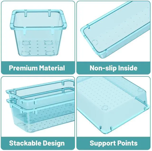 Alt view image 2 of 6 - 8 PCS Plastic Drawer Organizer Set, 4 Sizes Desk Drawer Organization and Storage Containers for Makeup, Cosmetics, Jewelry and Gadgets in Kitchen, Bathroom, Bedroom, Office, Clear Sea Blue