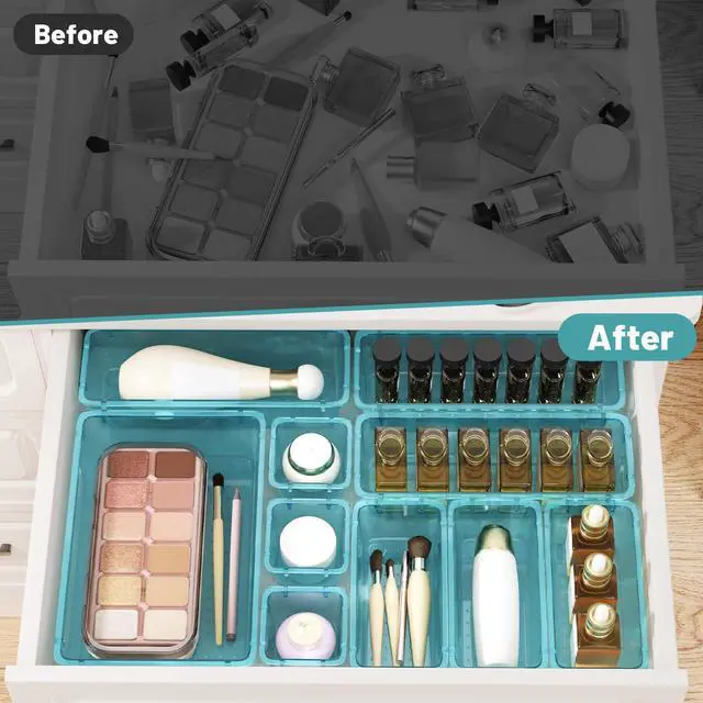 Alt view image 4 of 6 - 8 PCS Plastic Drawer Organizer Set, 4 Sizes Desk Drawer Organization and Storage Containers for Makeup, Cosmetics, Jewelry and Gadgets in Kitchen, Bathroom, Bedroom, Office, Clear Sea Blue