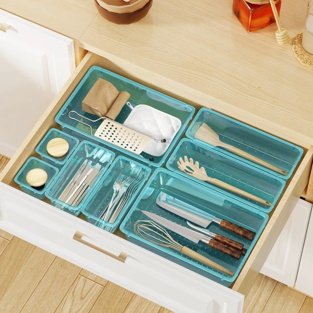 Alt view image 6 of 6 - 8 PCS Plastic Drawer Organizer Set, 4 Sizes Desk Drawer Organization and Storage Containers for Makeup, Cosmetics, Jewelry and Gadgets in Kitchen, Bathroom, Bedroom, Office, Clear Sea Blue
