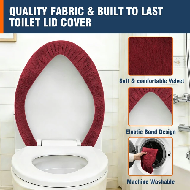 Alt view image 3 of 7 - Soft Plush Toilet Lid Cover for Bathroom, Machine Washable Toilet Seat Covers, Fits Most Round Elongated and Oblong Lids, Easy Installation& Cleaning (Burgundy)