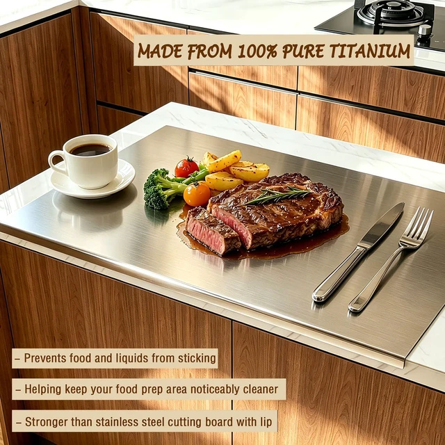 Alt view image 2 of 7 - 2026 New Large Titanium Cutting Board with Lip, 100% Pure Titanium Cutting Boards for Kitchen Dishwasher Safe, Food-Grade Metal Chopping Board Mat for Meat & Stainless Steel (L, 15.8×11.8)
