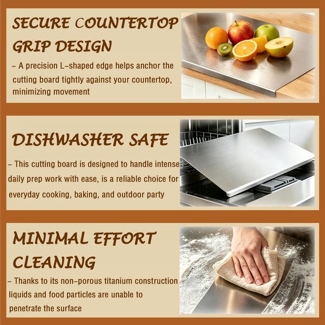 Alt view image 4 of 7 - 2026 New Large Titanium Cutting Board with Lip, 100% Pure Titanium Cutting Boards for Kitchen Dishwasher Safe, Food-Grade Metal Chopping Board Mat for Meat & Stainless Steel (L, 15.8×11.8)