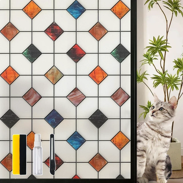 Main image of Stained Glass Window Film Geometric Patterns 17.7in X 78.7in | Frosted Window Clings Waterproof for Bathroom Window Privacy Film Day and Night