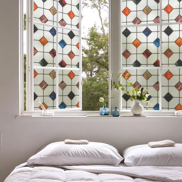 Alt view image 4 of 7 - Stained Glass Window Film Geometric Patterns 17.7in X 78.7in | Frosted Window Clings Waterproof for Bathroom Window Privacy Film Day and Night