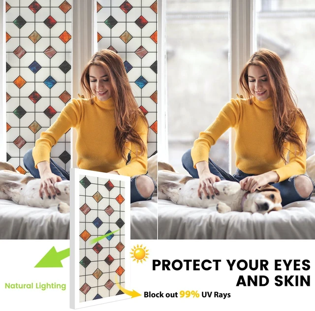 Alt view image 3 of 7 - Stained Glass Window Film Geometric Patterns 17.7in X 78.7in | Frosted Window Clings Waterproof for Bathroom Window Privacy Film Day and Night