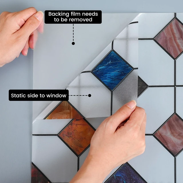 Alt view image 7 of 7 - Stained Glass Window Film Geometric Patterns 17.7in X 78.7in | Frosted Window Clings Waterproof for Bathroom Window Privacy Film Day and Night