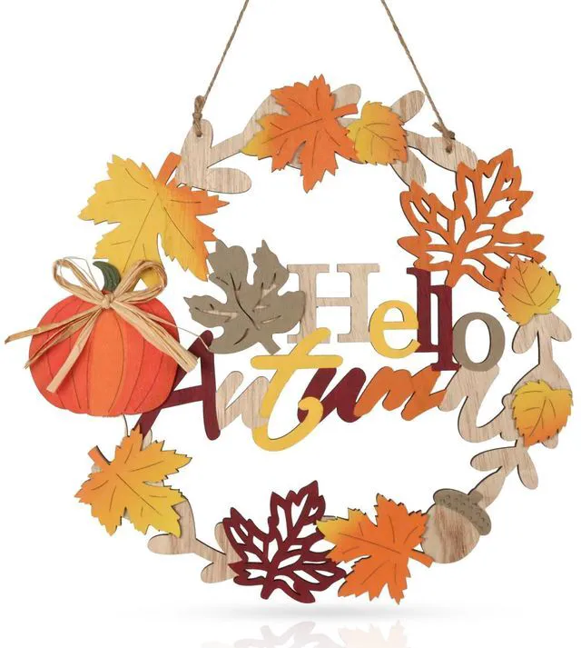 Main image of 12 Inch Fall Wreaths for Front Door Decor Outdoor Indoor | 3D Wooden Fall Door Sign Hanging Pumpkin Maple Leaf Wreath with Autumn Sign for Harvest Home Farmhouse Window Wall