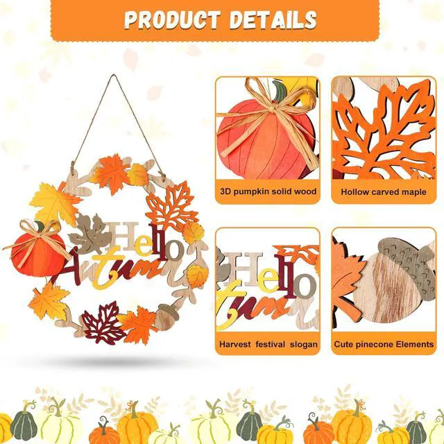 Alt view image 2 of 7 - 12 Inch Fall Wreaths for Front Door Decor Outdoor Indoor | 3D Wooden Fall Door Sign Hanging Pumpkin Maple Leaf Wreath with Autumn Sign for Harvest Home Farmhouse Window Wall