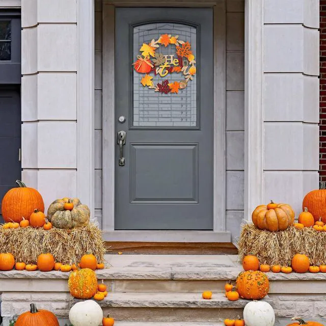 Alt view image 3 of 7 - 12 Inch Fall Wreaths for Front Door Decor Outdoor Indoor | 3D Wooden Fall Door Sign Hanging Pumpkin Maple Leaf Wreath with Autumn Sign for Harvest Home Farmhouse Window Wall