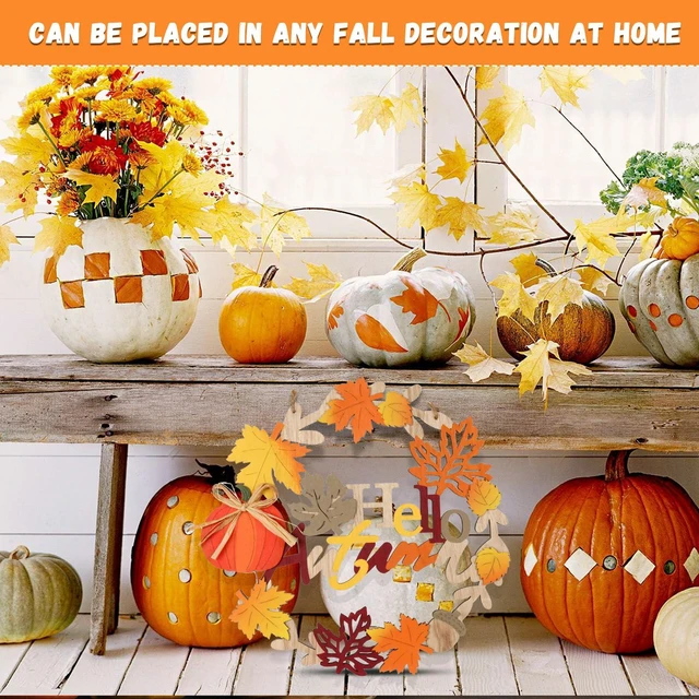 Alt view image 4 of 7 - 12 Inch Fall Wreaths for Front Door Decor Outdoor Indoor | 3D Wooden Fall Door Sign Hanging Pumpkin Maple Leaf Wreath with Autumn Sign for Harvest Home Farmhouse Window Wall