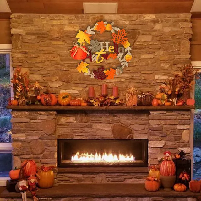Alt view image 5 of 7 - 12 Inch Fall Wreaths for Front Door Decor Outdoor Indoor | 3D Wooden Fall Door Sign Hanging Pumpkin Maple Leaf Wreath with Autumn Sign for Harvest Home Farmhouse Window Wall