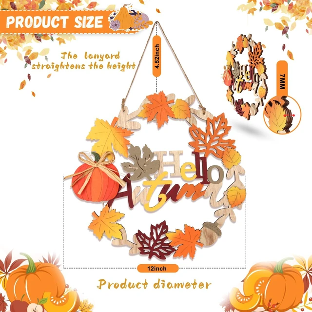 Alt view image 7 of 7 - 12 Inch Fall Wreaths for Front Door Decor Outdoor Indoor | 3D Wooden Fall Door Sign Hanging Pumpkin Maple Leaf Wreath with Autumn Sign for Harvest Home Farmhouse Window Wall