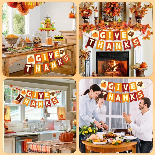 Alt view image 4 of 7 - Thanksgiving Decorations - GIVE THANKS Banner | Friendsgiving Party Decorations for Indoor Outdoor Outside - Thanksgiving Garland for Front Door | THANKSGIVING Backdrop Wreath for Window Wall