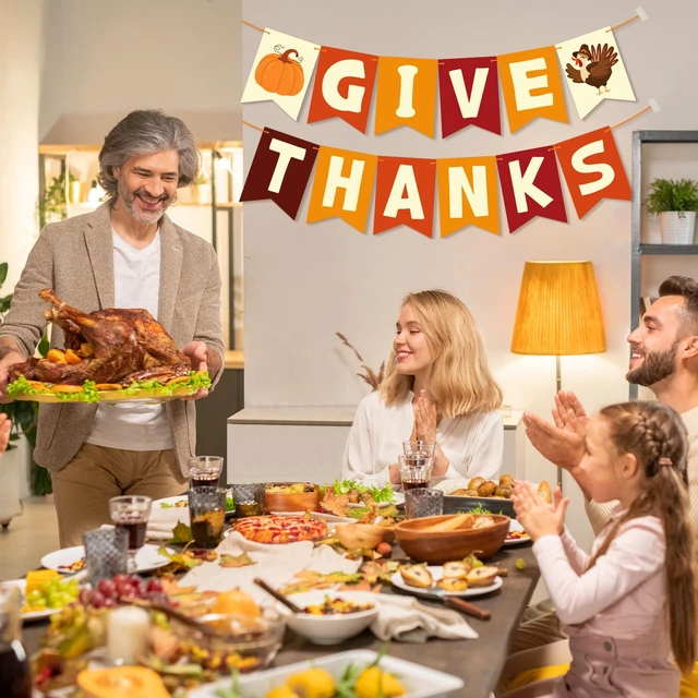 Alt view image 5 of 7 - Thanksgiving Decorations - GIVE THANKS Banner | Friendsgiving Party Decorations for Indoor Outdoor Outside - Thanksgiving Garland for Front Door | THANKSGIVING Backdrop Wreath for Window Wall