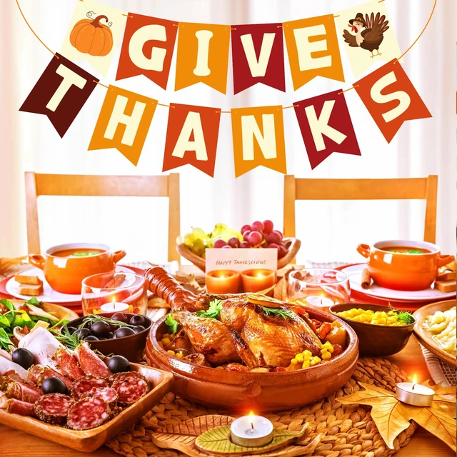 Alt view image 6 of 7 - Thanksgiving Decorations - GIVE THANKS Banner | Friendsgiving Party Decorations for Indoor Outdoor Outside - Thanksgiving Garland for Front Door | THANKSGIVING Backdrop Wreath for Window Wall
