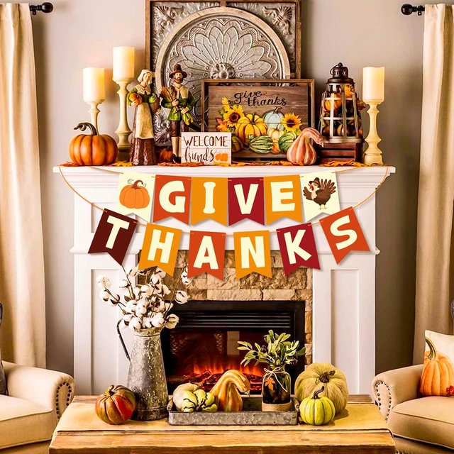 Alt view image 7 of 7 - Thanksgiving Decorations - GIVE THANKS Banner | Friendsgiving Party Decorations for Indoor Outdoor Outside - Thanksgiving Garland for Front Door | THANKSGIVING Backdrop Wreath for Window Wall