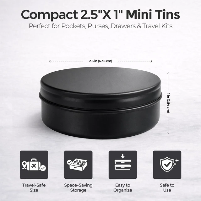 Alt view image 2 of 7 - 3 Pcs, Metal Tin Round Container, Mini Portable Small Storage Container Kit with Twist Lid for Home Storage 2.5x1 Inch, Black