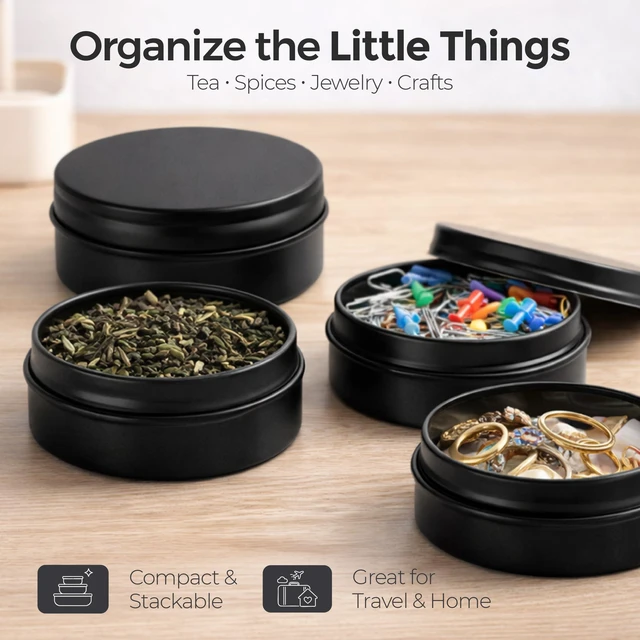 Alt view image 5 of 7 - 3 Pcs, Metal Tin Round Container, Mini Portable Small Storage Container Kit with Twist Lid for Home Storage 2.5x1 Inch, Black