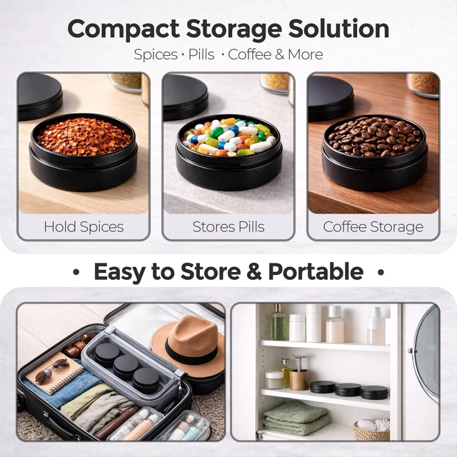 Alt view image 6 of 7 - 3 Pcs, Metal Tin Round Container, Mini Portable Small Storage Container Kit with Twist Lid for Home Storage 2.5x1 Inch, Black