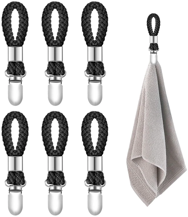 Main image of 6Pcs Kitchen Towel Clips, Metal Clips for Hanging with Braided Cotton Loop | Kitchen Hand Towel Holder Hook with Hanging Loop for Home Bathroom Cupboards Cloth Hanger Holder