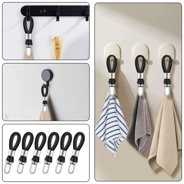Alt view image 6 of 6 - 6Pcs Kitchen Towel Clips, Metal Clips for Hanging with Braided Cotton Loop | Kitchen Hand Towel Holder Hook with Hanging Loop for Home Bathroom Cupboards Cloth Hanger Holder