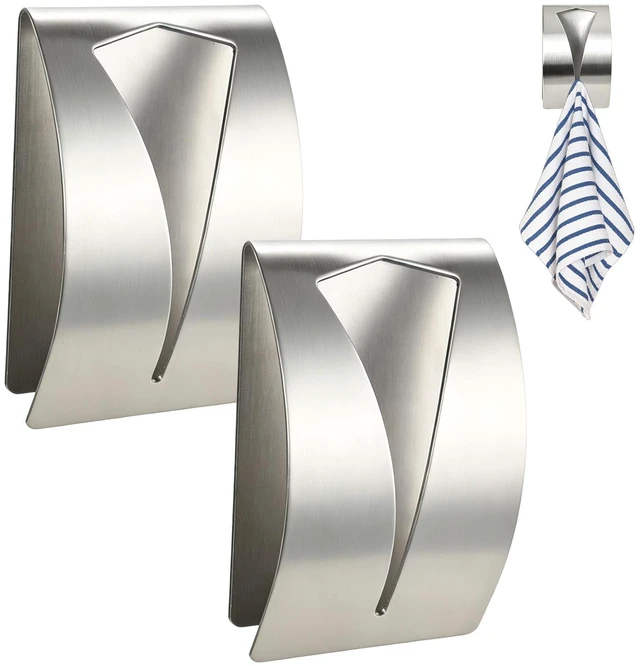 Main image of Self Adhesive Towel Hook Holder, 2Pcs Stainless Steel Kitchen Dish Towel Hook Grabber Wall Mount Non Drilling Hangers Shower Wall Hand Towels Hooks for Home Bathroom Kitchen Accesories, Silver
