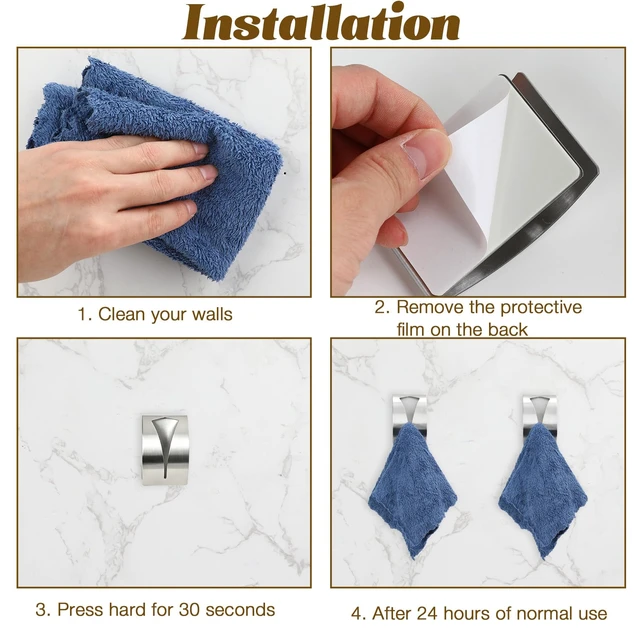 Alt view image 5 of 7 - Self Adhesive Towel Hook Holder, 2Pcs Stainless Steel Kitchen Dish Towel Hook Grabber Wall Mount Non Drilling Hangers Shower Wall Hand Towels Hooks for Home Bathroom Kitchen Accesories, Silver