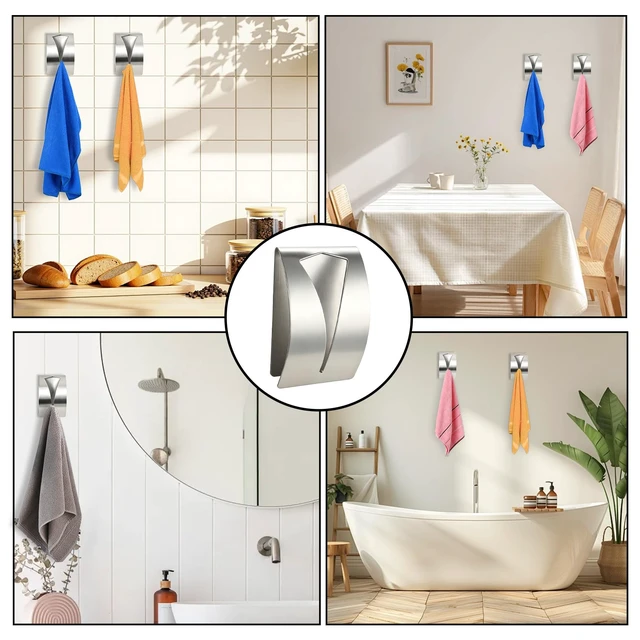 Alt view image 7 of 7 - Self Adhesive Towel Hook Holder, 2Pcs Stainless Steel Kitchen Dish Towel Hook Grabber Wall Mount Non Drilling Hangers Shower Wall Hand Towels Hooks for Home Bathroom Kitchen Accesories, Silver