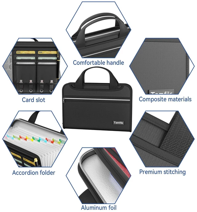 Alt view image 5 of 6 - Accordion File Organizer, Fireproof Important Document Organizer Heat Insulation, 13 Transparent Pockets, Portable Home Travel Safe Storage Expanding File Folder for A4, Letter, Paper, Black