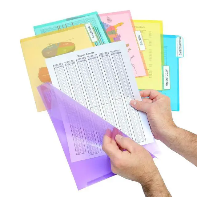 Main image of Poly Color File Folders Letter Size, 3rd-Cut Tabs Set of 18 PocketFiles Heavy Duty Transparent Files, Sealed on 2 Sides to Secure and Protect Documents and are Tabbed for Easy Indexing