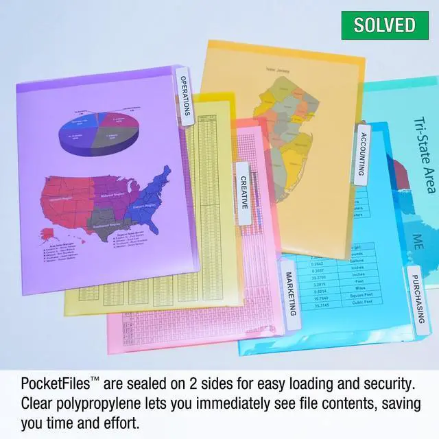 Alt view image 3 of 6 - Poly Color File Folders Letter Size, 3rd-Cut Tabs Set of 18 PocketFiles Heavy Duty Transparent Files, Sealed on 2 Sides to Secure and Protect Documents and are Tabbed for Easy Indexing