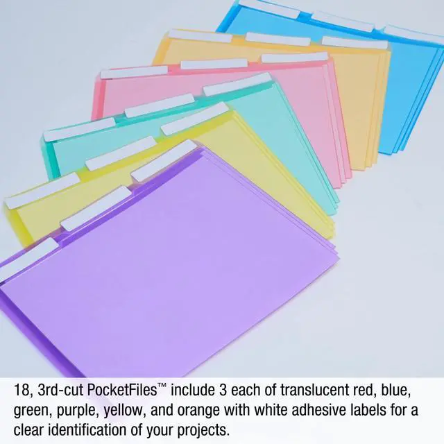 Alt view image 4 of 6 - Poly Color File Folders Letter Size, 3rd-Cut Tabs Set of 18 PocketFiles Heavy Duty Transparent Files, Sealed on 2 Sides to Secure and Protect Documents and are Tabbed for Easy Indexing