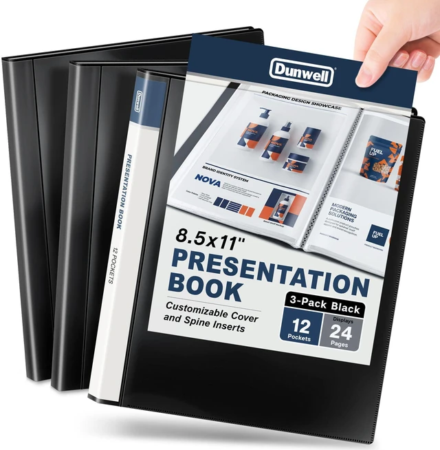Main image of 12-Pocket Presentation Binder 8.5x11, 24-Page Portfolio, 3-Pack 3-pack presentation binders each feature 12 pockets with 24 viewable pages for documents, certificates, projects, and photos
