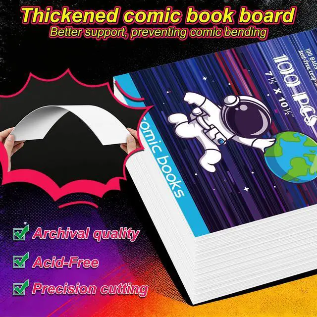 Alt view image 3 of 7 - 100 Pack Comic Book Bags and Boards, Thick Acid-Free Current Comic Books Backing Boards, Clear Book Sleeves Protector 7.15" X 10.5"