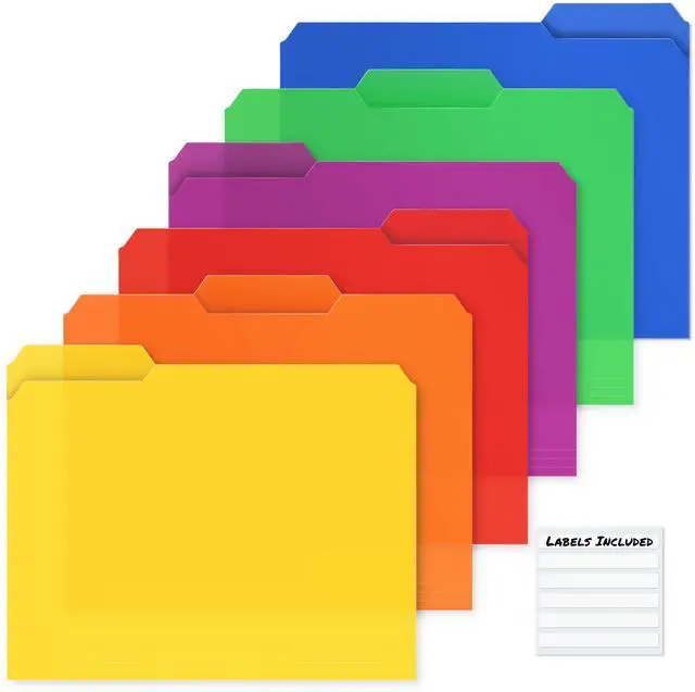 Main image of Plastic Colored File Folders, 1/3 Tab, Letter Size, 24 Pack Colorful Manila Sleeves 8.5x11, Acid-Free Poly for Long-Term Storage, Includes Labels