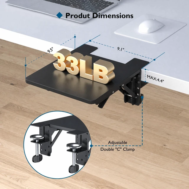 Alt view image 2 of 7 - Ergonomic Desk Extender Tray, 9.5"x9.1" Wrist Rest Shelf, Black 90°Foldable Elbow Support, Table Mount Arm, Clamp on Computer Arm Rest for Desk, Office & Home Use,Durable Easy to Install
