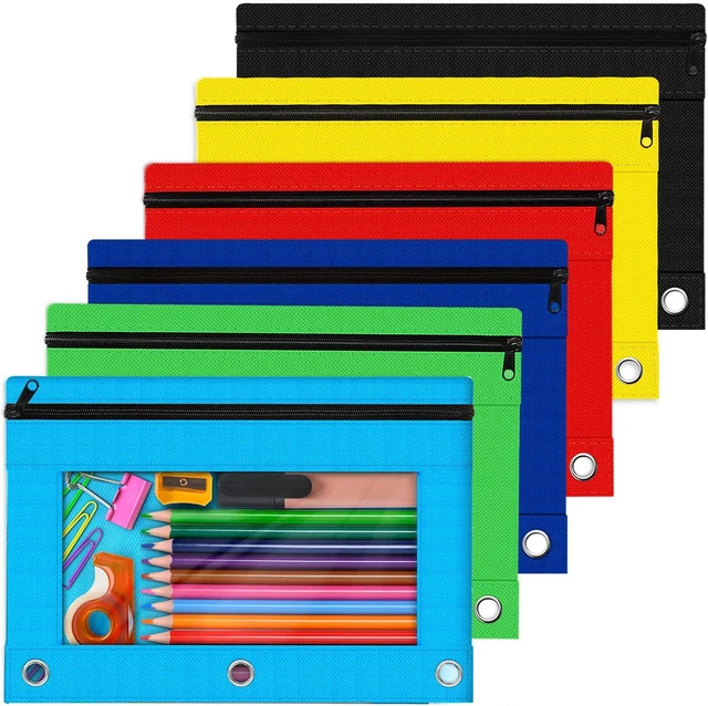 Main image of 6 Pack Pencil Pouch for 3 Ring Binder with Clear Windows Assorted Colors 3-Hole Zipper Bags, Bulk Pencil Pouches, Durable Fabric Cases for Back to School, Office and College Supplies