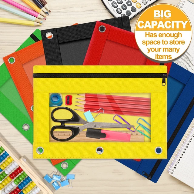 Alt view image 4 of 7 - 6 Pack Pencil Pouch for 3 Ring Binder with Clear Windows Assorted Colors 3-Hole Zipper Bags, Bulk Pencil Pouches, Durable Fabric Cases for Back to School, Office and College Supplies