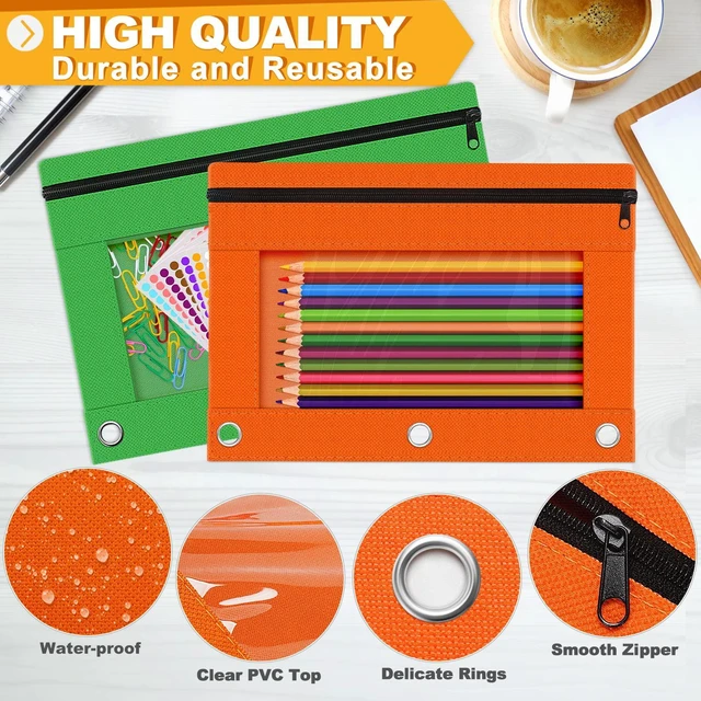 Alt view image 3 of 7 - 6 Pack Pencil Pouch for 3 Ring Binder with Clear Windows Assorted Colors 3-Hole Zipper Bags, Bulk Pencil Pouches, Durable Fabric Cases for Back to School, Office and College Supplies