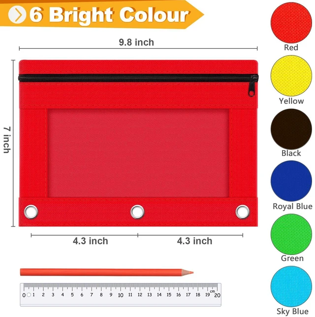 Alt view image 5 of 7 - 6 Pack Pencil Pouch for 3 Ring Binder with Clear Windows Assorted Colors 3-Hole Zipper Bags, Bulk Pencil Pouches, Durable Fabric Cases for Back to School, Office and College Supplies