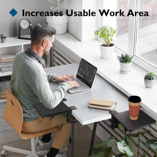 Alt view image 6 of 7 - Ergonomic Desk Extender Tray, 9.5"x9.1" Wrist Rest Shelf, Black 90°Foldable Elbow Support, Table Mount Arm, Clamp on Computer Arm Rest for Desk, Office & Home Use,Durable Easy to Install