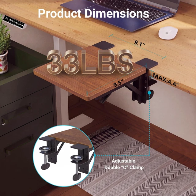Alt view image 2 of 7 - Ergonomic Desk Extender Tray, 9.5"x9.1" Table Mount Arm Wrist Rest Shelf, 90° Foldable Elbow Support, Clamp on Computer Arm Rest for Desk, Office & Home Use, Durable & Easy to Install, Walnut