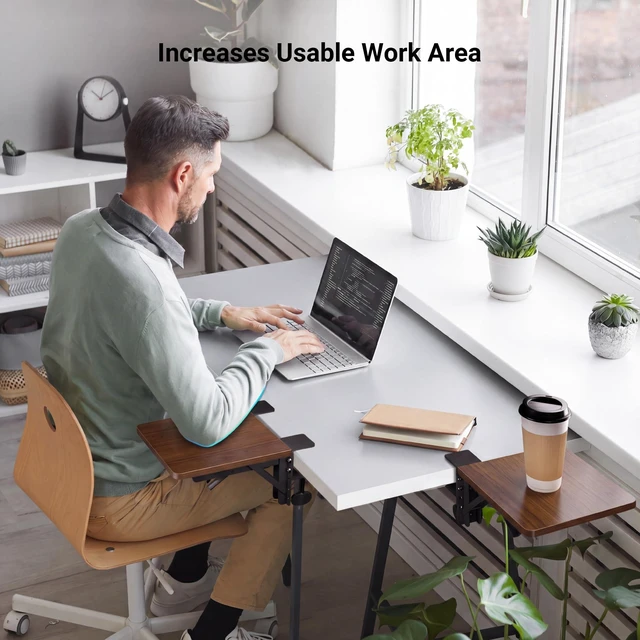 Alt view image 7 of 7 - Ergonomic Desk Extender Tray, 9.5"x9.1" Table Mount Arm Wrist Rest Shelf, 90° Foldable Elbow Support, Clamp on Computer Arm Rest for Desk, Office & Home Use, Durable & Easy to Install, Walnut
