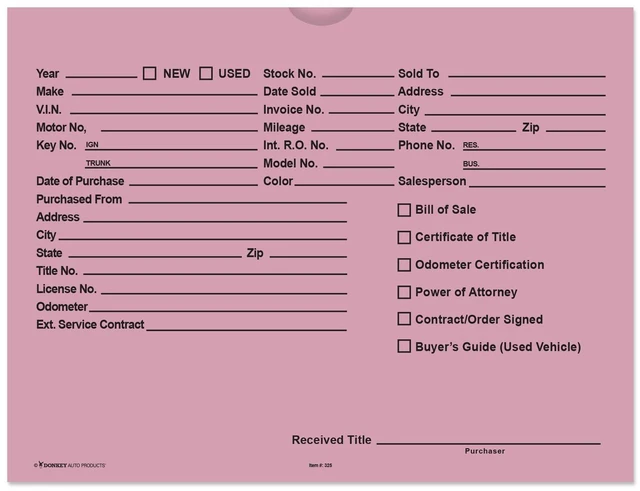 Main image of Printed Vehicle Deal Envelopes 9x12 Deal Jackets (100 shrink wrapped) (Pink)