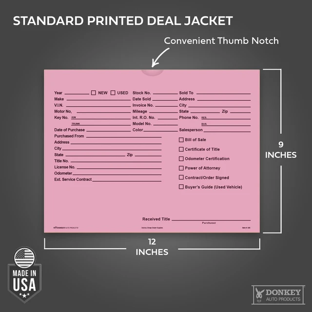 Alt view image 2 of 7 - Printed Vehicle Deal Envelopes 9x12 Deal Jackets (100 shrink wrapped) (Pink)