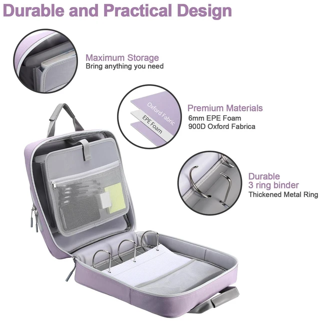 Alt view image 2 of 7 - 3 Inch 3 Ring Zipper Binder D-Ring with Strap & Multi-Pockets Binder with Strap 700 Sheet Capacity for School and Office Binder Organizer, Compatible with 13-Inch MacBook/Table, Purple